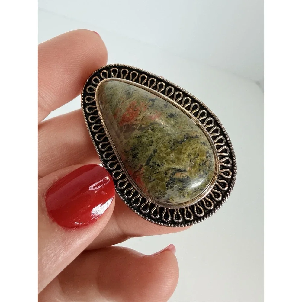 Unakite Statement Ring‎ Elegant Green and Red Stone Size 7.75 Teardrop Shape